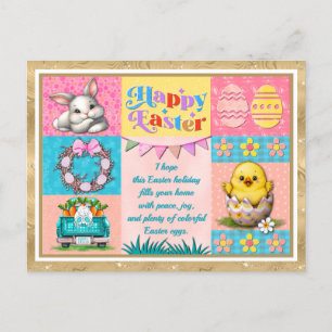 Prettig Pasen met Konijn, Kuiken, Eieren & Bloemen Briefkaart