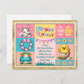 Prettig Pasen met Konijn, Kuiken, Eieren & Bloemen Briefkaart (Voorkant / Achterkant)