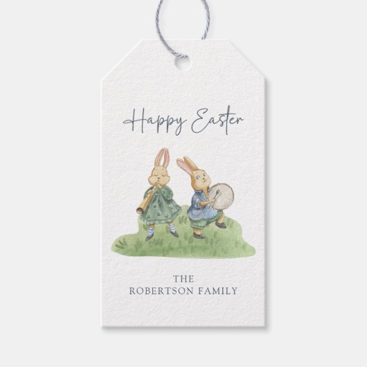 Prettig Pasen, Mooie Waterverf Konijnen, Witte ach Cadeaulabel (Voorkant)