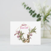 Prettig Pasen | Paashaas Paarse Magnolia Krans Feestdagenkaart (Staand voorkant)