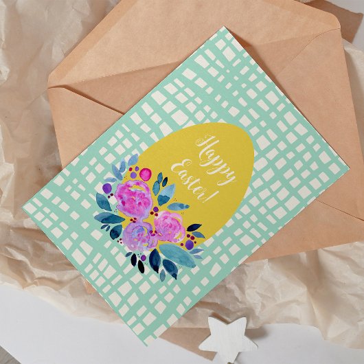 Prettig Pasen rustieke ruit bloemendecor oranje ei Kaart