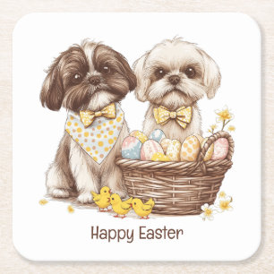 Prettig Pasen Shih Tzu Honden Kartonnen Onderzetters