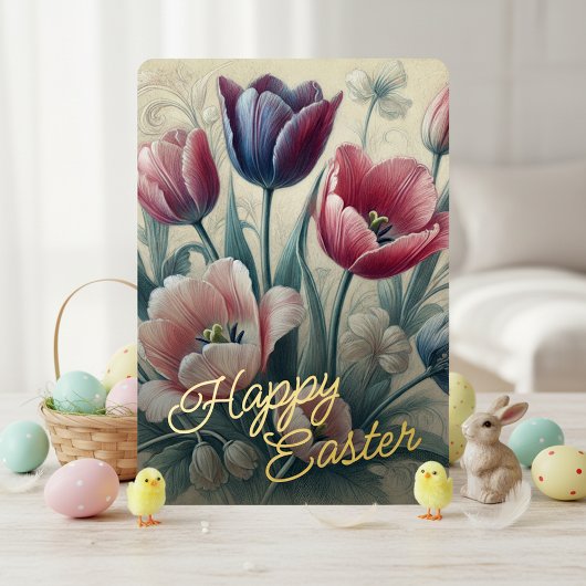 Prettig Pasen Tulp Bloem Goud Folie Kaart