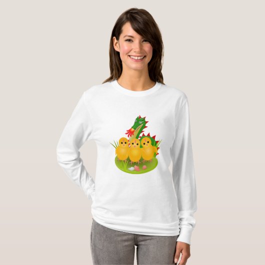 Prettig Pasen van drie kuikens en de Draak van Ber T-shirt (Voorkant volledig)