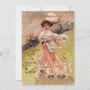 Prettig Pasen Vintage dansende konijnen meisje met Feestdagenkaart
