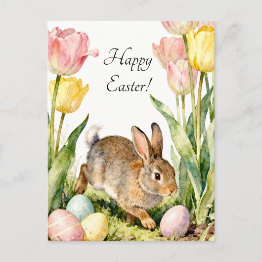 Prettig Pasen Vintage Konijn Eieren & Lente Bloeme Briefkaart (Voorkant)