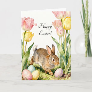 Prettig Pasen Vintage Konijn Eieren & Lente Bloeme Kaart