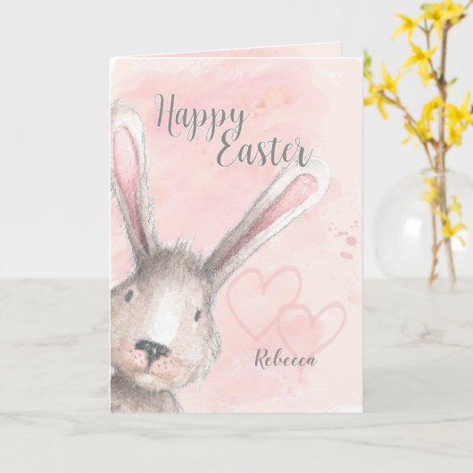 Prettig Pasen Watercolor Konijn Aangepaste Naam Kaart (Gele Bloem)