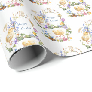 Prettig Pasen Watercolor Kuikens Bloemenkrans Cadeaupapier