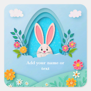 Prettig Pasen Whimsical Paashaas en Bloemen Vierkante Sticker