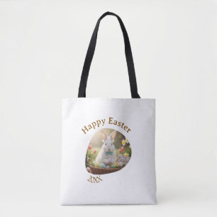 Prettig Pasen witte konijn jaar foto familienaam Tote Bag