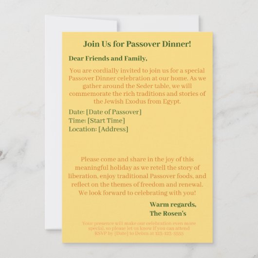 Prettig Pesach| Mooi Seder Pesach uitnodiging (Achterkant)