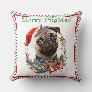 Prettig Pugkerstfeest - Aardige Pug met Kerstmanne Kussen