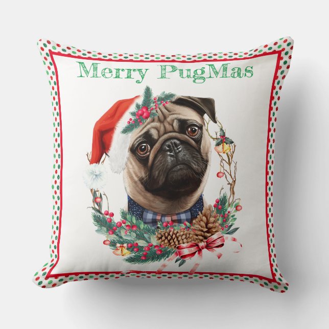 Prettig Pugkerstfeest - Aardige Pug met Kerstmanne Kussen (Voorkant)