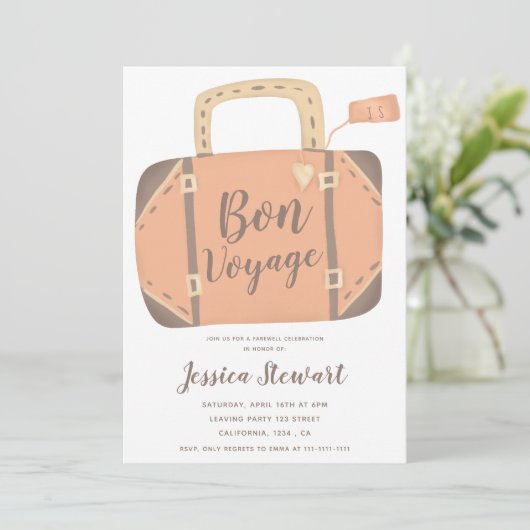 Prettig reis koffer leuk afscheid vertrek feestje kaart (Staand voorkant)