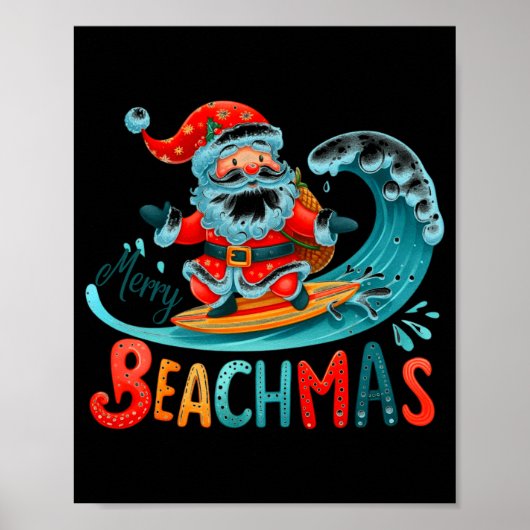 Prettig strandKerstmis Kerstman surfen Retro ontwe Poster (Voorkant)