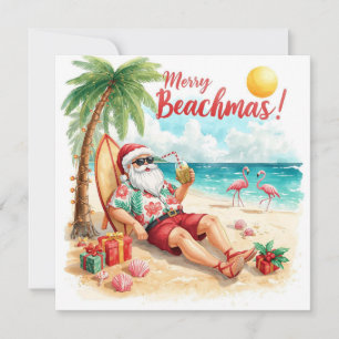 Prettig strandKerstmis op het strand met Kerstman Feestdagenkaart