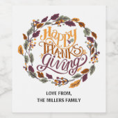 Prettig Thanksgiving! Aangepast familiewijnlabel Wijn Etiket (Enkel label)