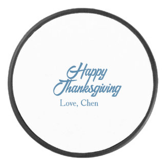 Prettig Thanksgiving blauwe liefdesnaam vakantie w Hockey Puck