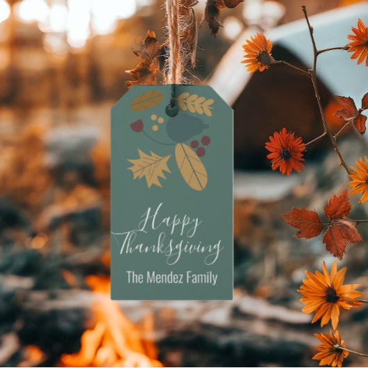 Prettig Thanksgiving Herfst Folklore Groen Blauw Cadeaulabel
