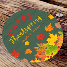 Prettig Thanksgiving Herfst Kleurrijk Loof Op Hout Ronde Sticker