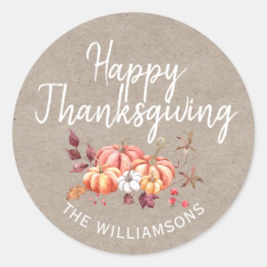 Prettig Thanksgiving Herfst Pompoen Kraft Papier Ronde Sticker (Voorkant)