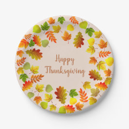 Prettig Thanksgiving Herfstbladeren op Beige Papieren Bordje