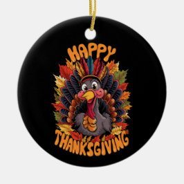 Prettig Thanksgiving Kalkoen Familie Herfst Keramisch Ornament