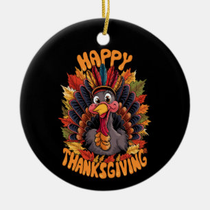 Prettig Thanksgiving Kalkoen Familie Herfst Keramisch Ornament