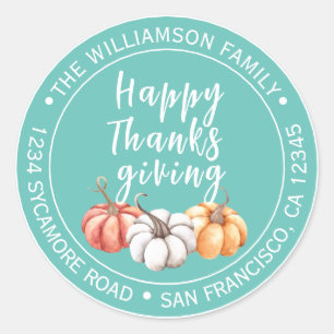 Prettig Thanksgiving Licht Turquoise Retouradres  Ronde Sticker