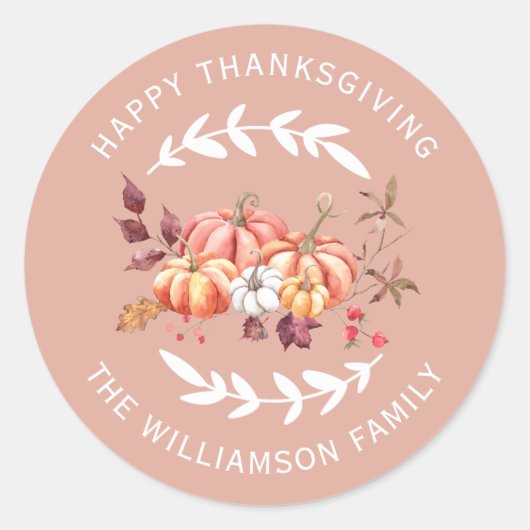 Prettig Thanksgiving Retouradres Stof Roze Ronde Sticker (Voorkant)