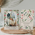 Prettig Vakantie 1 Foto Botanische Boog Modern Boh Feestdagenkaart<br><div class="desc">Deze collectie bevat waterverf rode bloemen,  bessen & wintergroen met moderne & elegante typografie,  met een winterbotanisch patroon op de achterkant.</div>