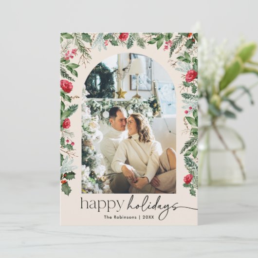 Prettig Vakantie 1 Foto Botanische Boog Modern Boh Feestdagenkaart (Staand voorkant)