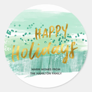 Prettig Vakantie Artsy Groen Waterverf Goud Ronde Sticker