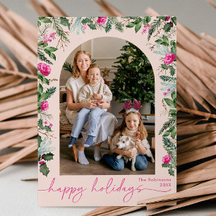 Prettig Vakantie Blozende Roze Groene Boog 1 Foto Feestdagenkaart