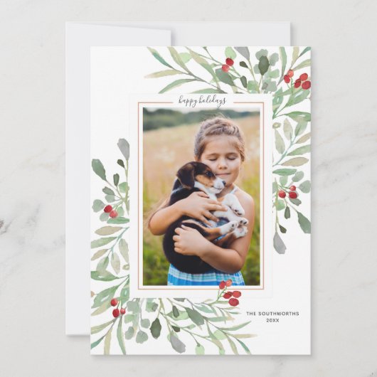 Prettig Vakantie Foto Groen Loof Rode Bessen Feestdagenkaart (Voorkant)