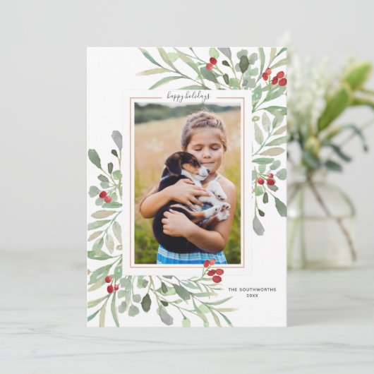 Prettig Vakantie Foto Groen Loof Rode Bessen Feestdagenkaart (Staand voorkant)