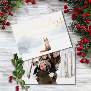 Prettig Vakantie Foto Winter Scene Vos Goud Folie Feestdagenkaart
