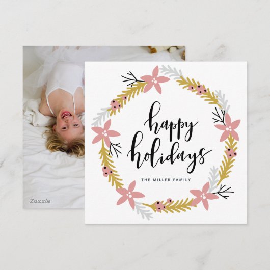 Prettig Vakantie Roze Krans | Vakantie Fotokaart Feestdagenkaart (Voorkant / Achterkant)