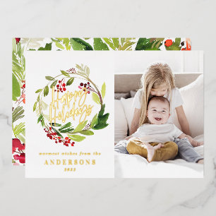 Prettig vakantie waterverf bloem foto  folie feestdagenkaart