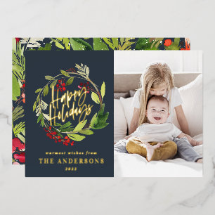 Prettig vakantie waterverf bloemenfoto navyblauw folie feestdagenkaart