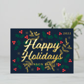 Prettig Vakantiefeest Moderne Hulstbes Takken Folie Feestdagenkaart (Staand Voorkant)