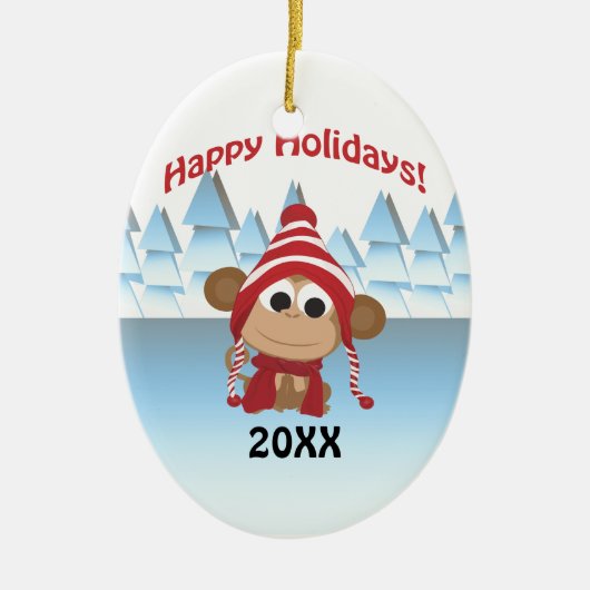 Prettig vakantiefeest! Winter aap Keramisch Ornament (Voorkant)