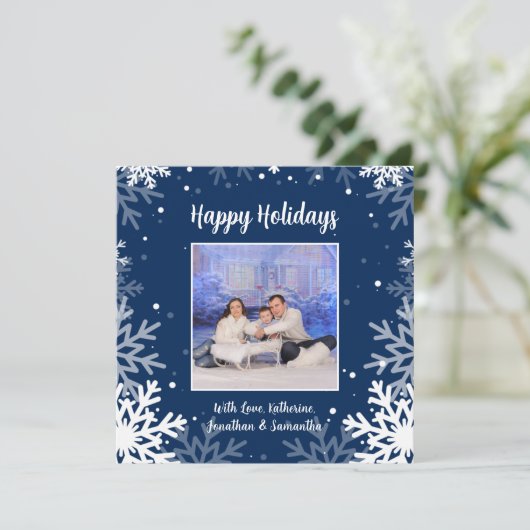 Prettig Vakantieseizoen Blauwe & Witte Sneeuwvlokk Feestdagenkaart (Staand voorkant)