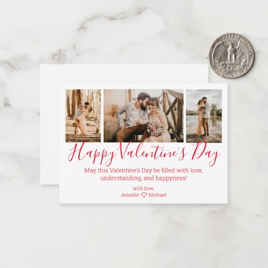 prettig valentijnsdag 3 foto collage chic rood notitiekaartje (Voorkant / Achterkant in situ)