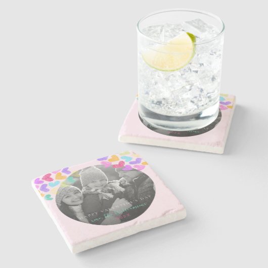 Prettig Valentijnsdag Cute Pastel Hartjes Foto Stenen Onderzetter (Zijkant)