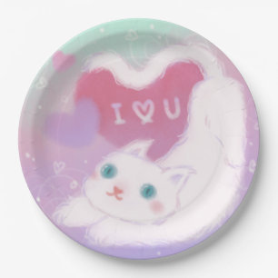 Prettig Valentijnsdag met Fluffy Witte Kat Papieren Bordje