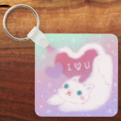 Prettig Valentijnsdag met Fluffy Witte Kat Sleutelhanger (Voorkant)