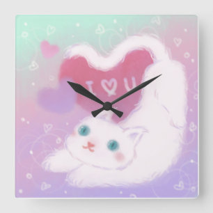 Prettig Valentijnsdag met Fluffy Witte Kat Vierkante Klok