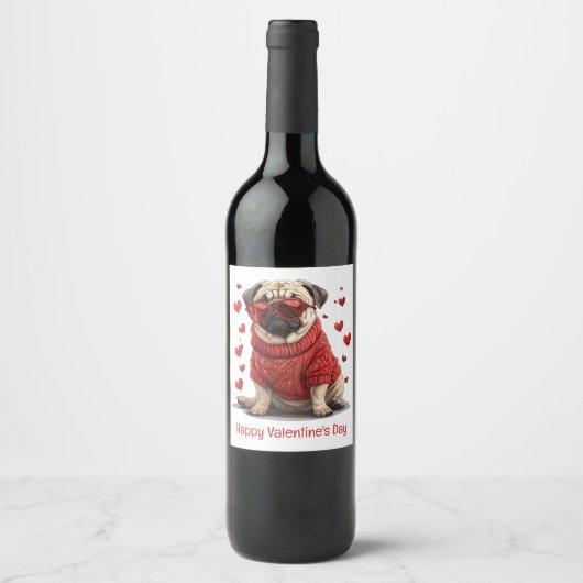 Prettig Valentijnsdag Pug Hond Wijn Etiket (Voorkant)